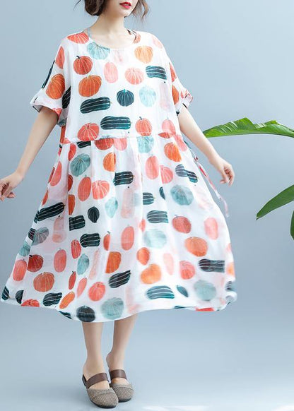 100% Pumpkin Print Robes O Neck Maxi Summer Dress