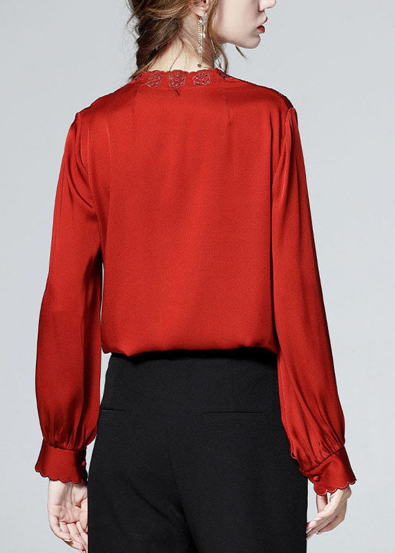 Red V Neck Button Embroideried Patchwork Silk Shirt Top Spring