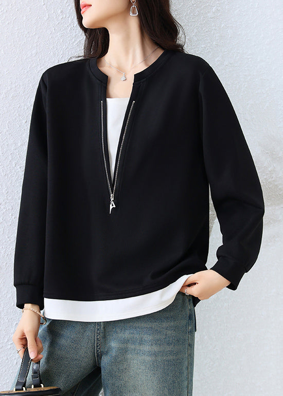 Black Zip Up Patchwork Cotton Fake Two Piece Sweatshirts Top Fall
