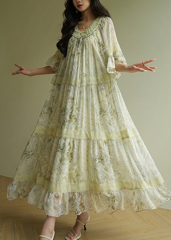 Light Green Ruffled Print Wrinkled Maxi Dress Short Sleeve