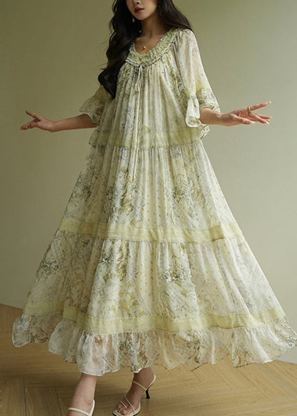 Light Green Ruffled Print Wrinkled Maxi Dress Short Sleeve