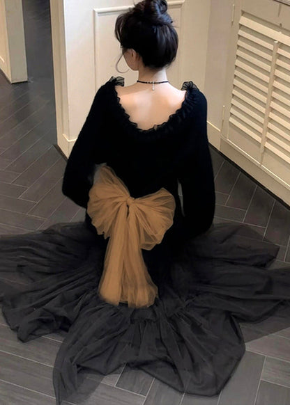 Black Ruffled Patchwork Bow Knit Sweater Tops Winter