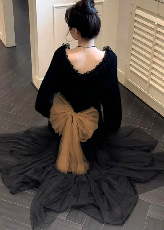 Black Ruffled Patchwork Bow Knit Sweater Tops Winter