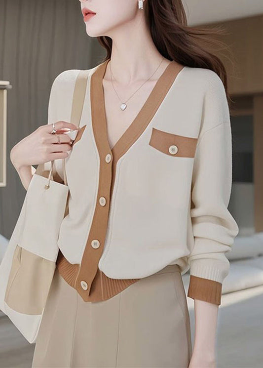 Colorblock V Neck Patchwork Button Cotton Knit Cardigans Fall
