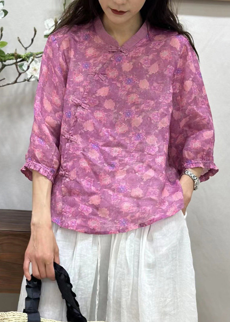 Green Chinese Button Print Linen Shirt Bracelet Sleeve