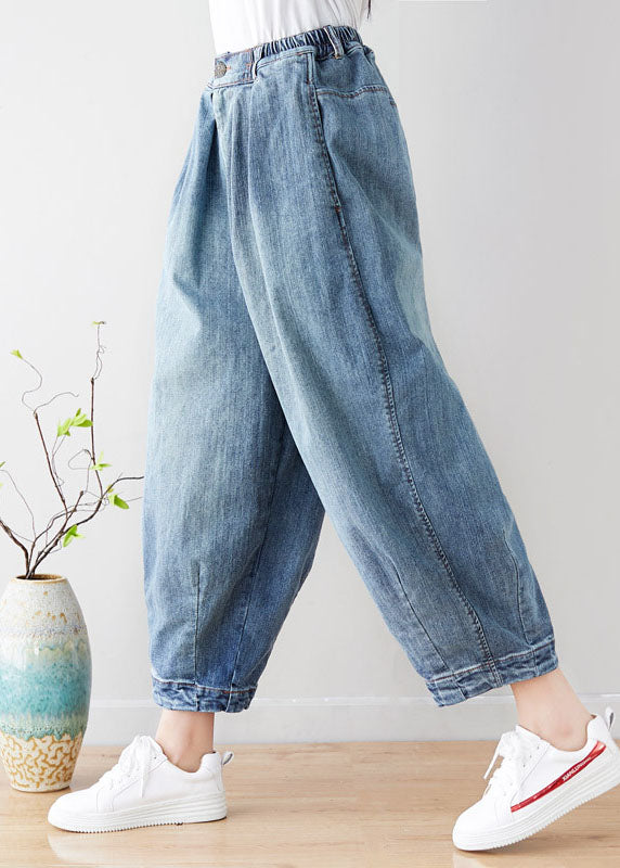 Art Light Blue Elastic Waist Pockets Pants Spring
