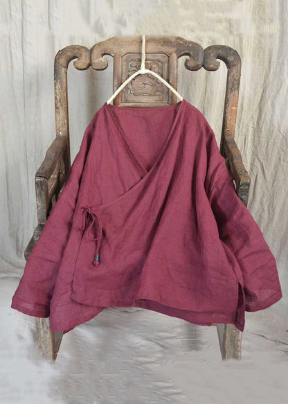 Loose Yellow V Neck Lace Up Linen Shirts Long Sleeve