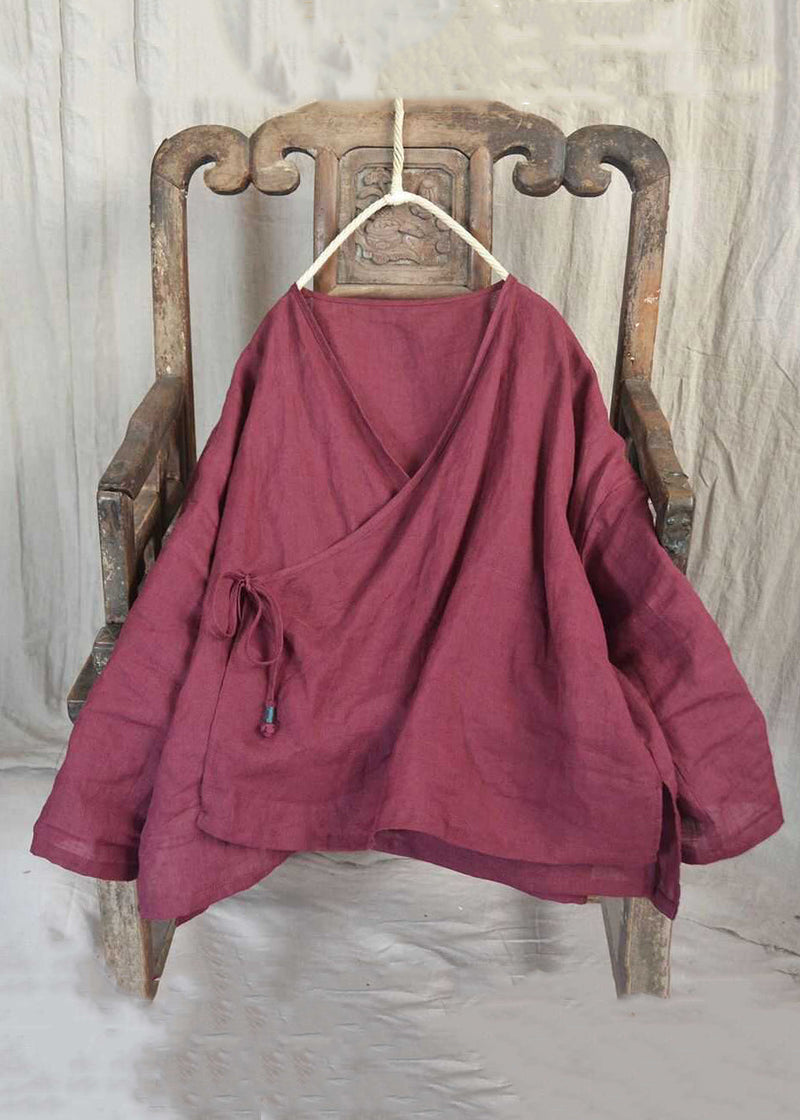 Loose Yellow V Neck Lace Up Linen Shirts Long Sleeve
