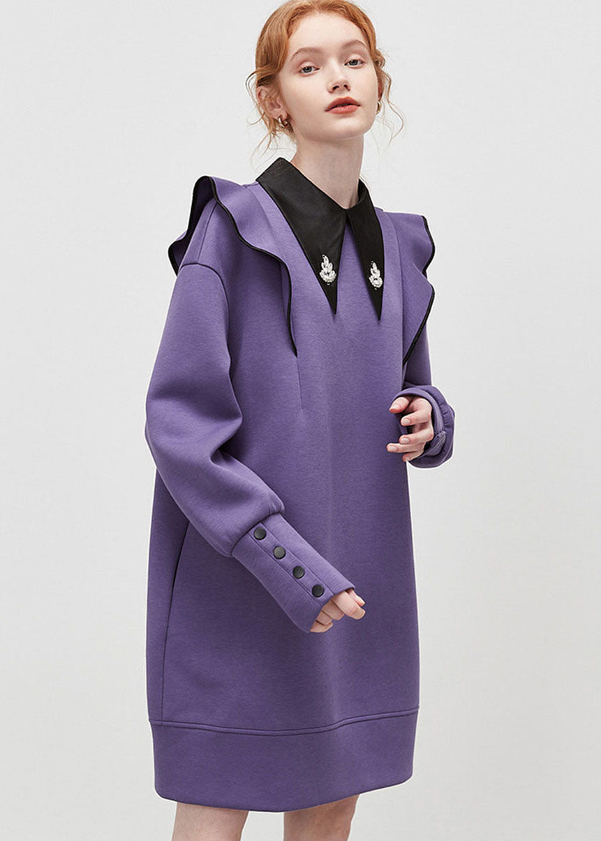 Purple Peter Pan Collar Patchwork Ruffled Cotton Dress Spring