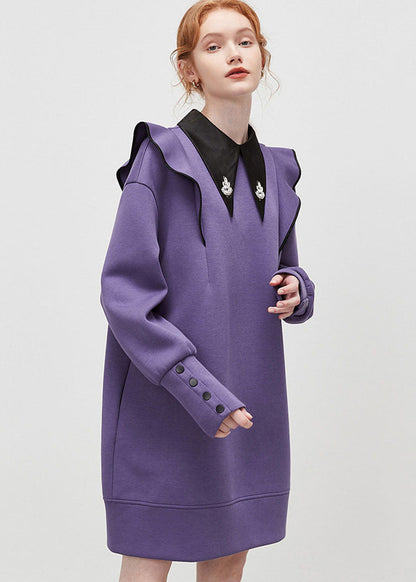 Purple Peter Pan Collar Patchwork Ruffled Cotton Dress Spring