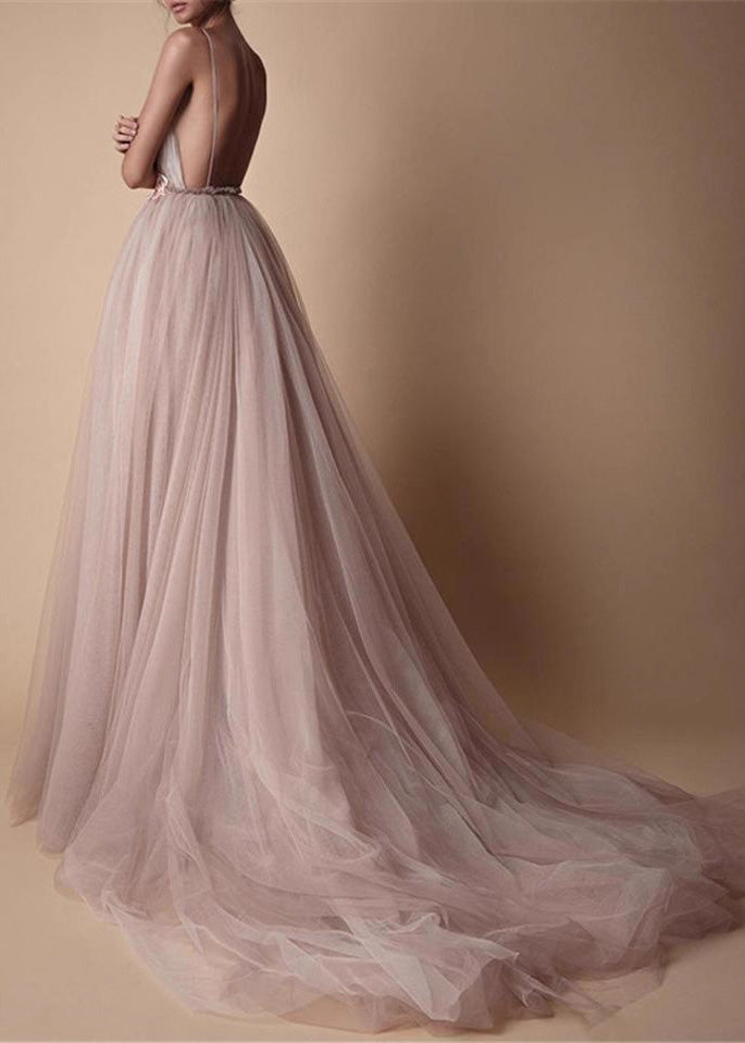 Classy V Neck Tulle Spaghetti Strap Dress Summer