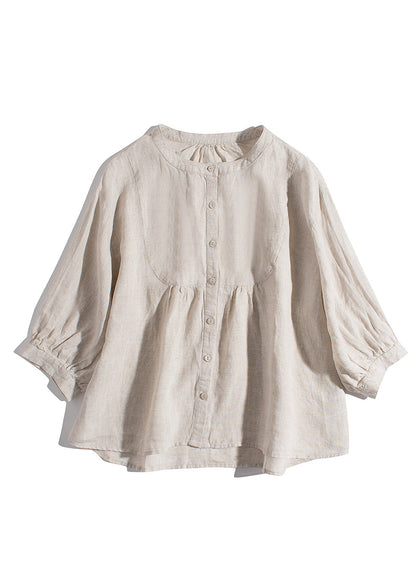 New Pink O-neck Button Linen Blouses Bracelet Sleeve