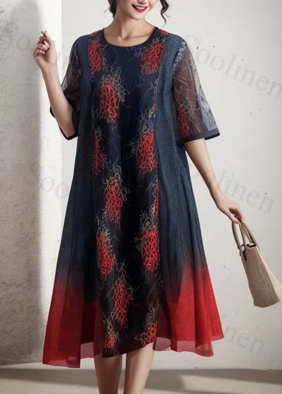 Gradient Color Blue O-neck Print Silk Long Dresses Short Sleeve