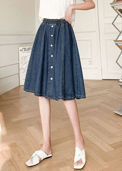 Natural Navy Elastic Waist Button Cotton Denim Skirts Summer