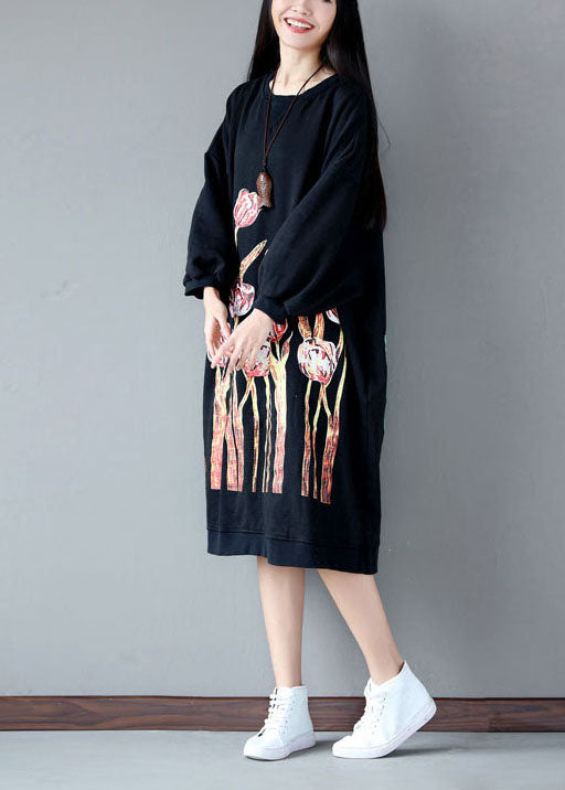 Black O-neck Oversized Print Cotton Sweatshirt Dress Spring