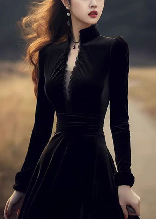 Black Stand Collar Patchwork Slim Fit Velour Dresses Spring