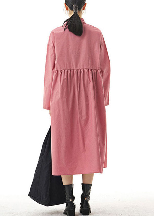 Pink Ruffled Patchwork Cotton Shirts Dresses Spring