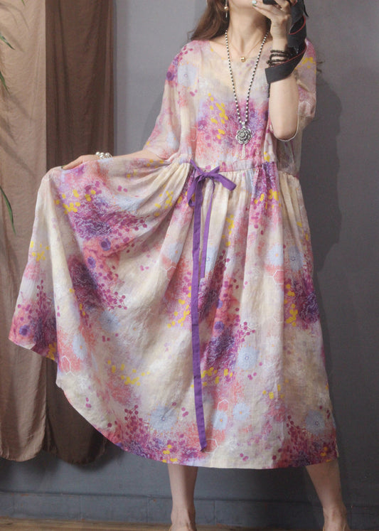 Classy Pink O-neck Drawstring Linen Mid Dress Half Sleeve