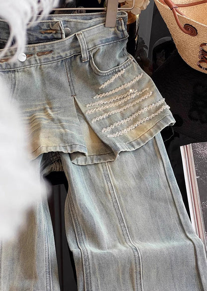 French Blue High Waist Patchwork Denim Bell-bottom Pant Skirts Fall