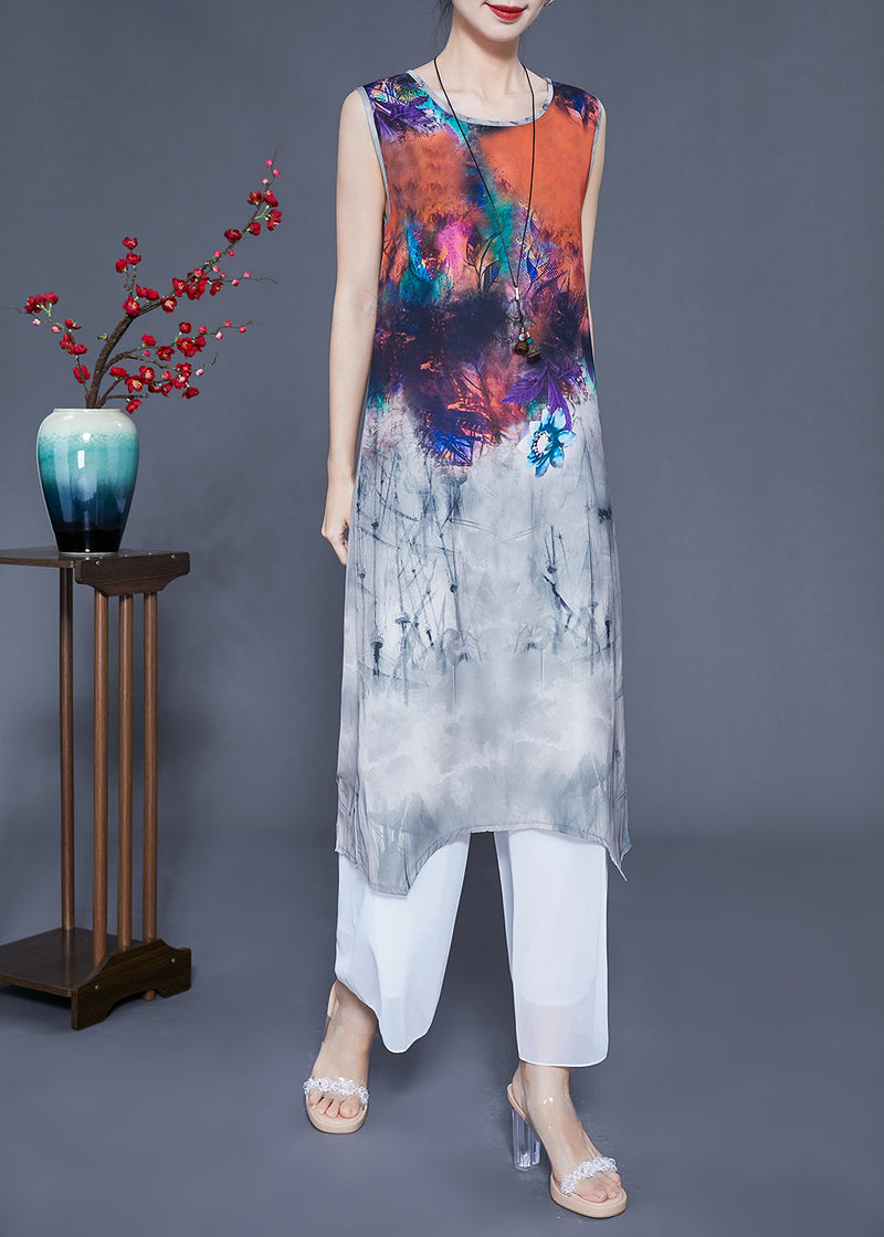 Diy Grey Stand Collar Oversized Tie Dye Silk Two Piece Set Clothing Summer
