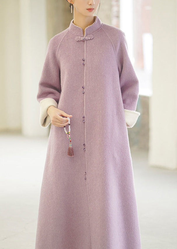Purple Stand Collar Pockets Button Woolen Coats Winter