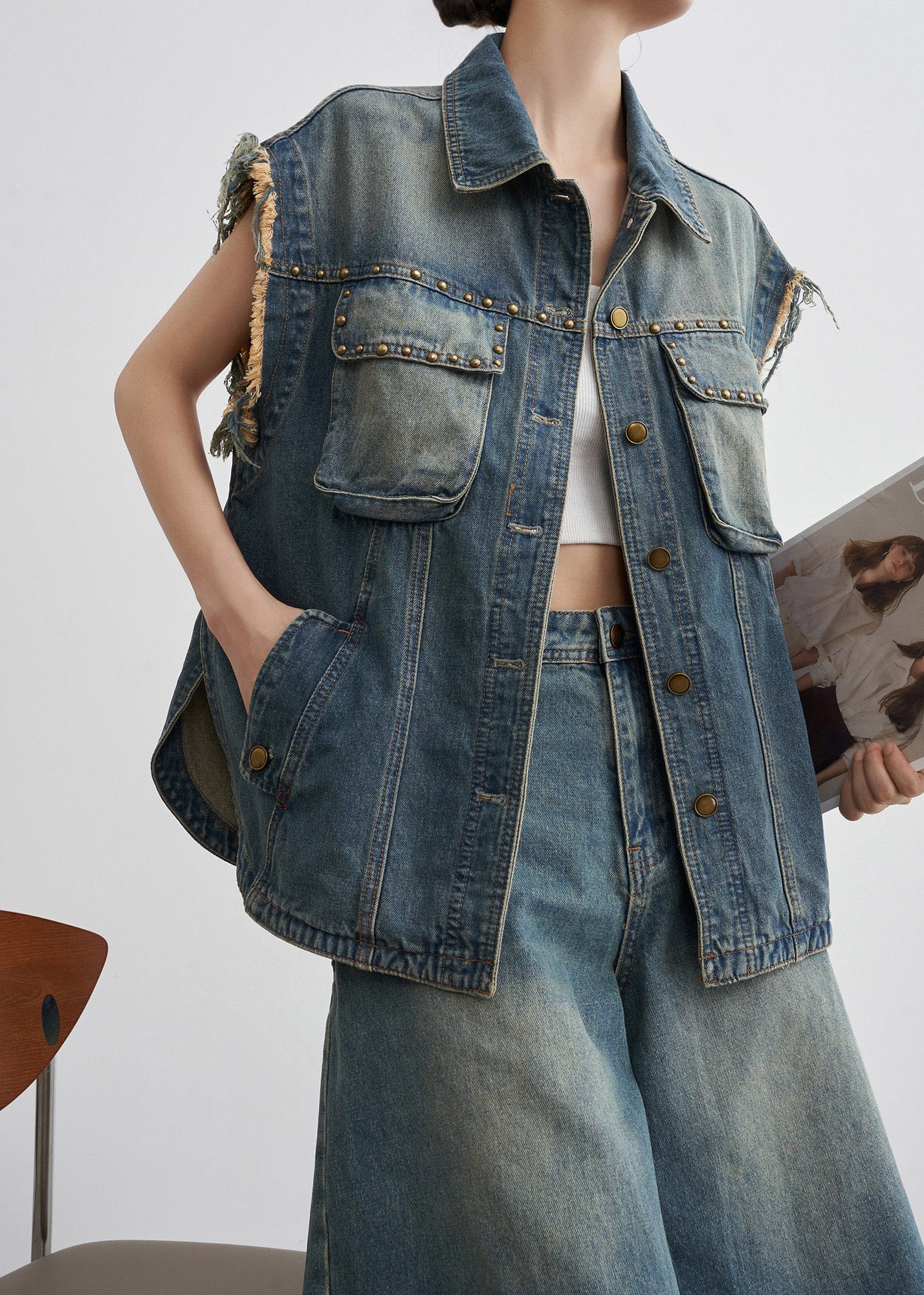Blue Nail Bead Button Denim Two-piece Set Summer