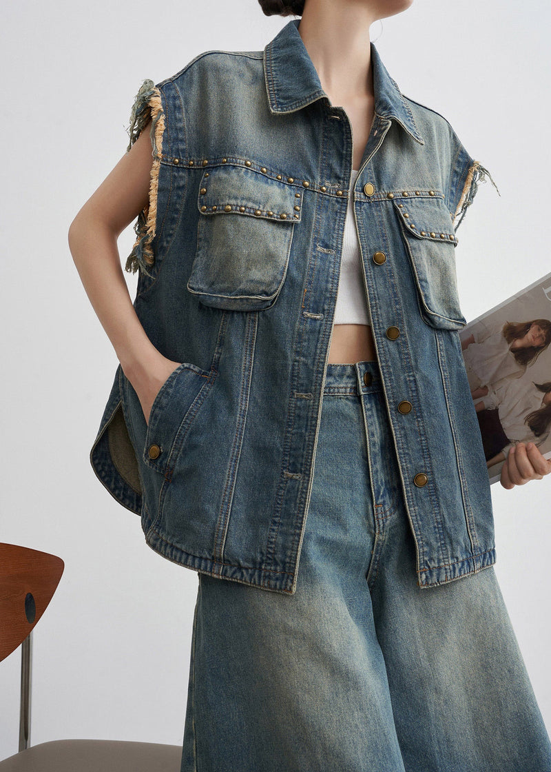 Blue Nail Bead Button Denim Two-piece Set Summer