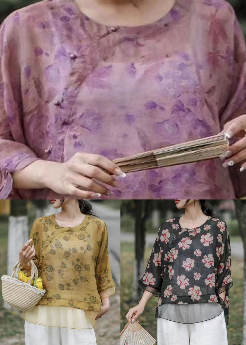 Purple Print Chinese Button Patchwork Linen Top Summer