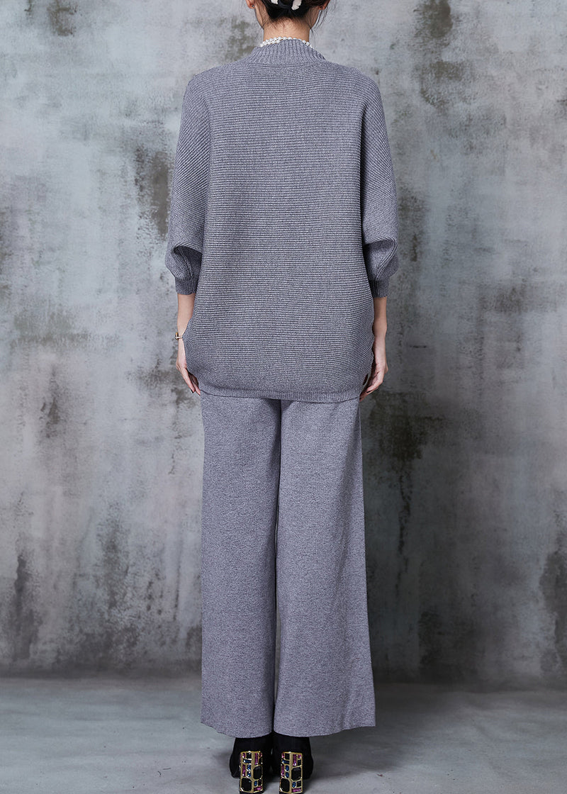 Grey Asymmetrical Design Knit Two Pieces Set Batwing Sleeve Winter