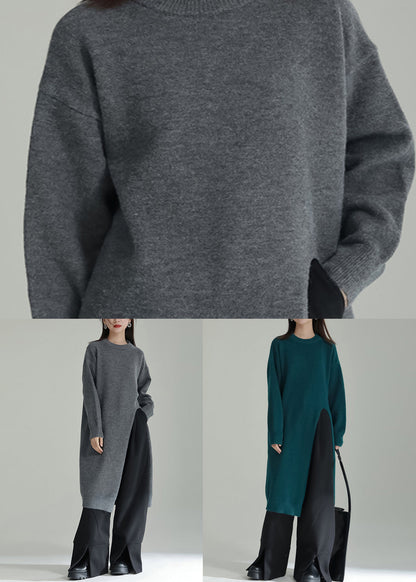 Green Patchwork Knit Dresses O Neck Side Open Winter