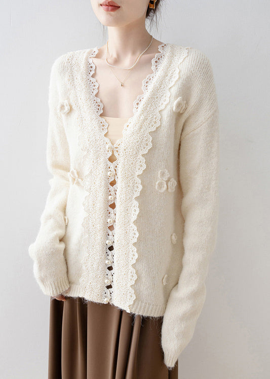 Beige V Neck Lace Button Knit Cardigan Spring