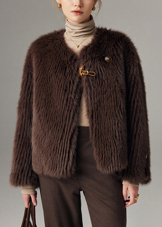 Chocolate O Neck Button Leather and Fur Coats Winter