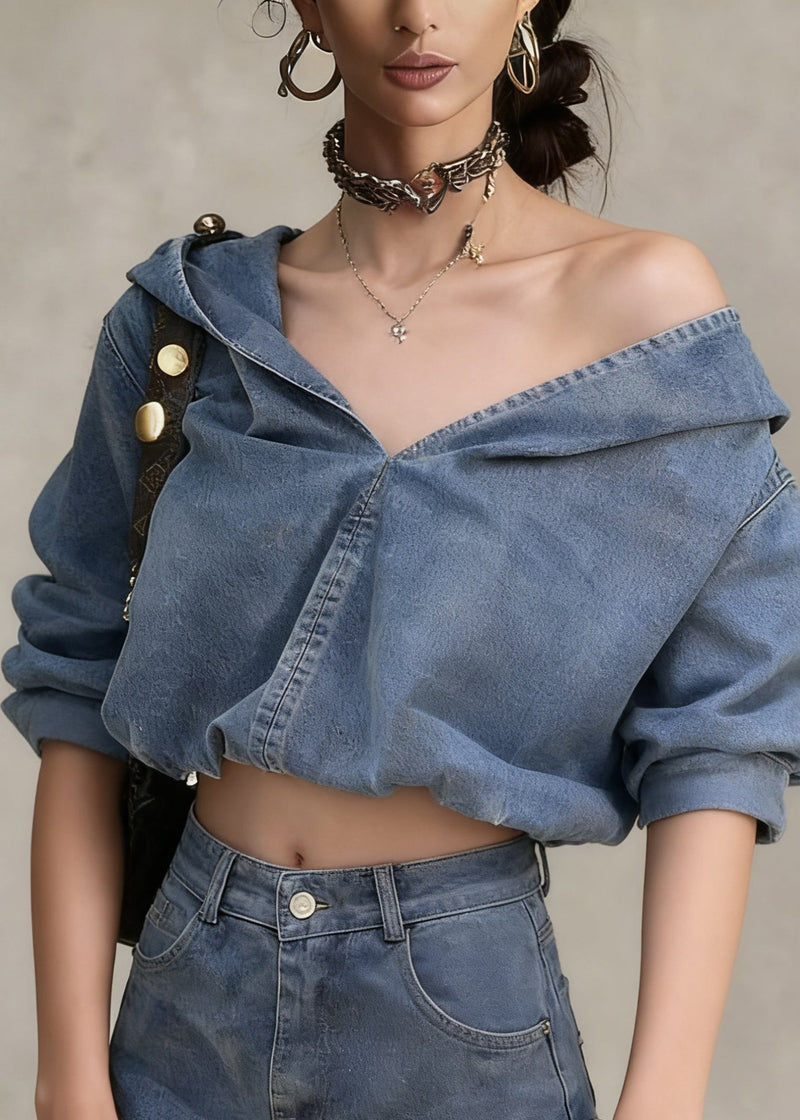 Denim Blue Hooded Coat and Shorts Two Pieces Set Spring