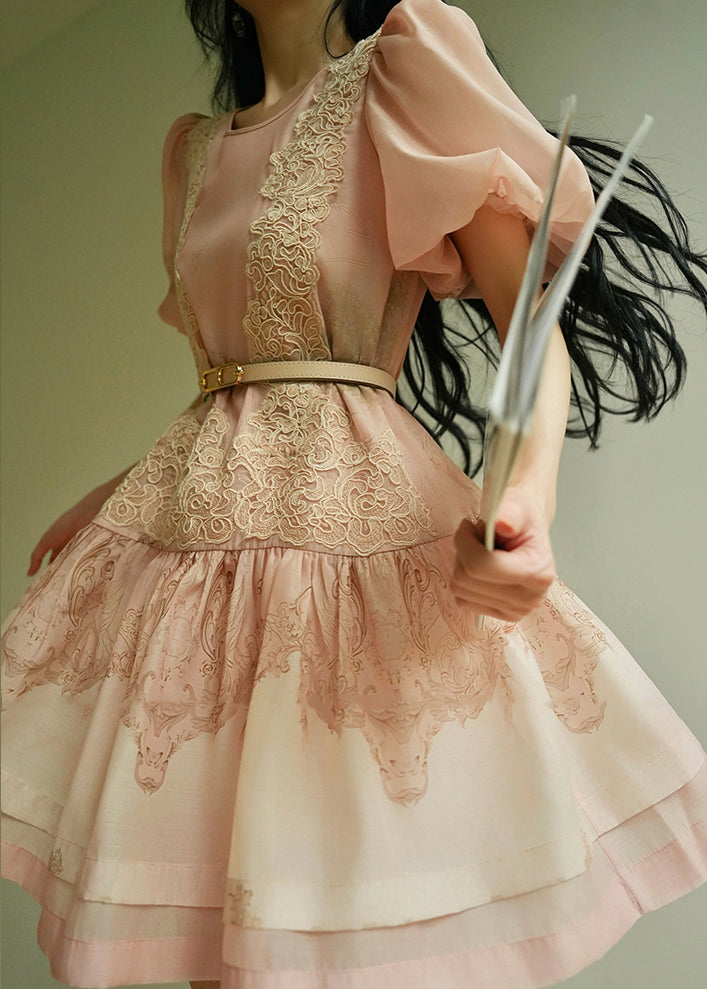 Pink O-neck Embroidered Mid Dresses Summer