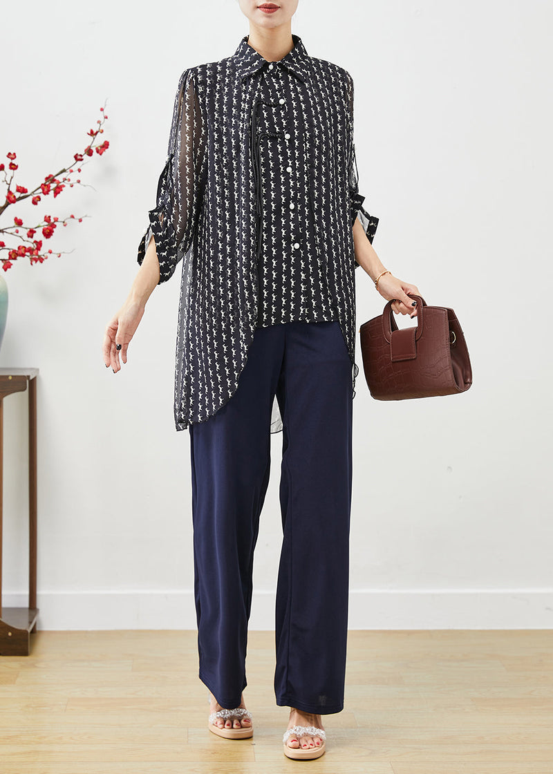 Navy Asymmetrical Tasseled Print Chiffon Top Summer