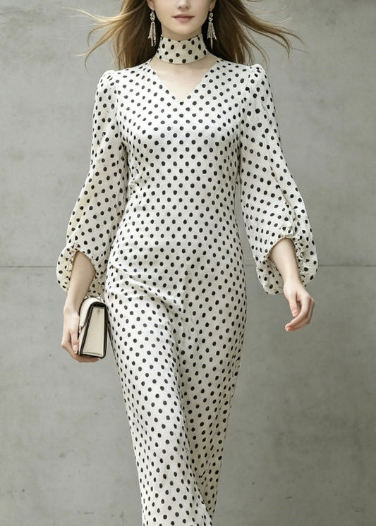 White V Neck Dot Print Chiffon Dresses Lantern Sleeve