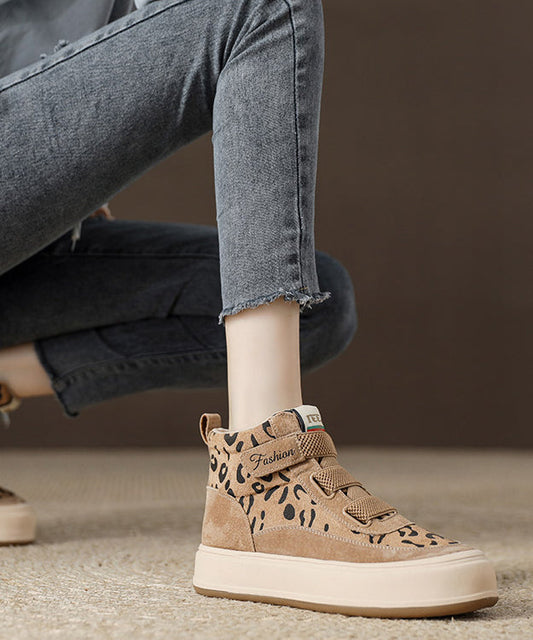 Khaki Leopard Platform Suede Buckle Strap Splicing Boots