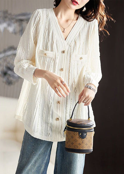 Beige V Neck Wrinkled Pockets Cotton T Shirt Long Sleeve