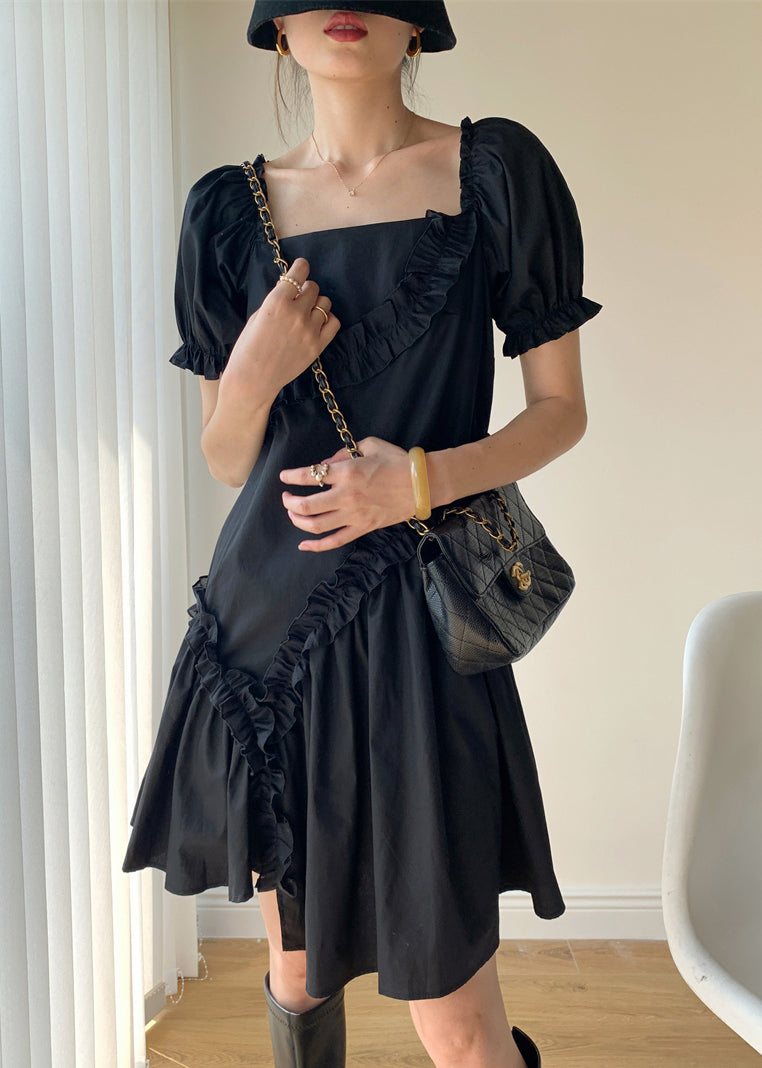 Black Ruffled Asymmetrical Patchwork Cotton Dresses Puff Sleeve