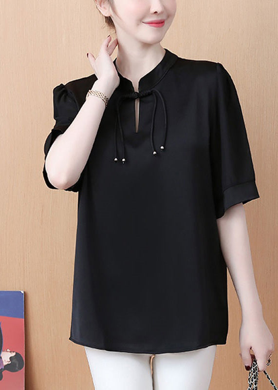 Loose Black Stand Collar Buttonpatchwork Chiffon Tops Summer