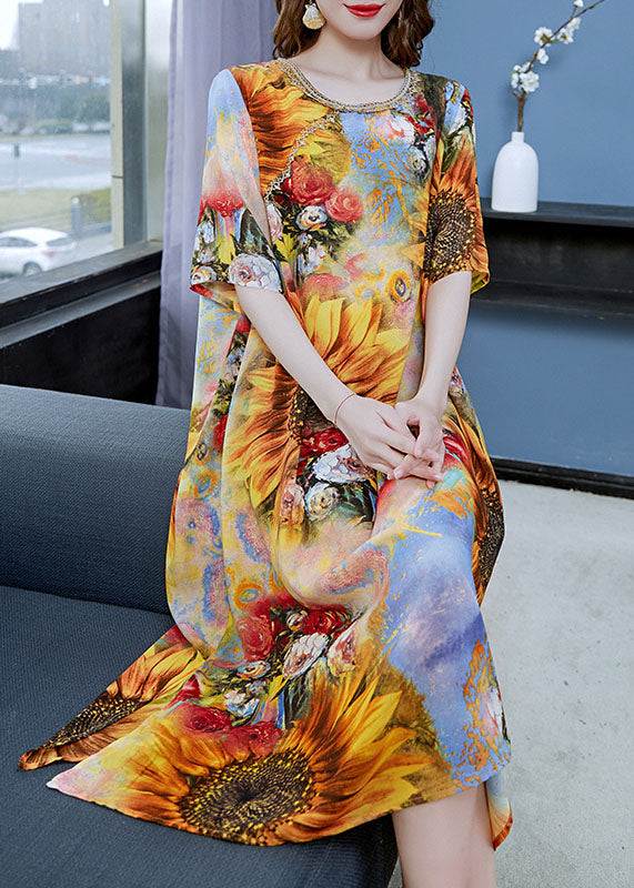 Classy Yellow the Sunflowers Print Patchwork Chiffon Dress Summer