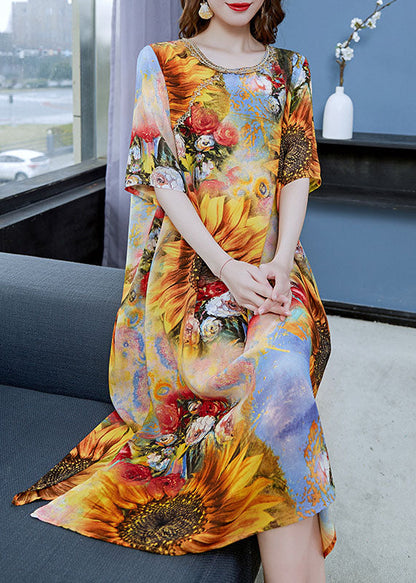 Classy Yellow the Sunflowers Print Patchwork Chiffon Dress Summer