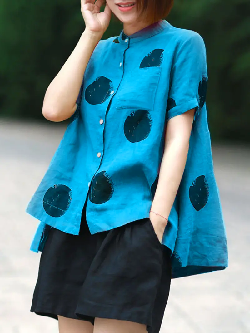 Blue Dot Print Patchwork Linen Top Button Stand Collar Summer