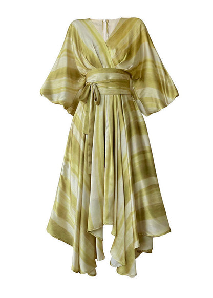 Light Green V Neck Asymmetrical Exra Large Hem Silk Cinch Dresses Puff Sleeve