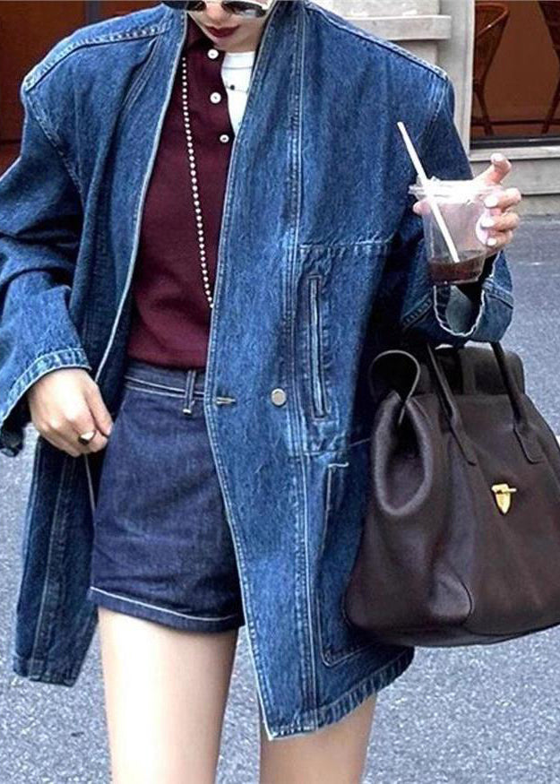 Blue V Neck Button Pockets Denim Coat Spring