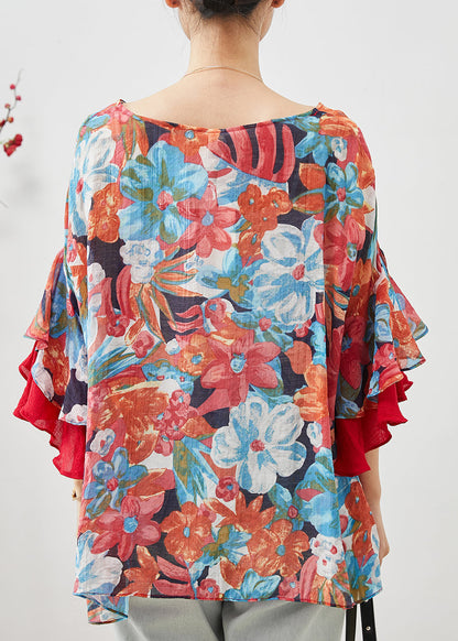 Print Patchwork Ruffles Chiffon Blouses Spring