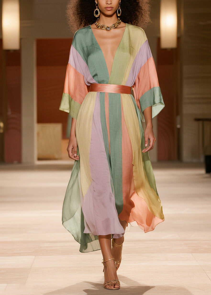 Colorblock Cinched Striped Silk Cotton Dress Summer