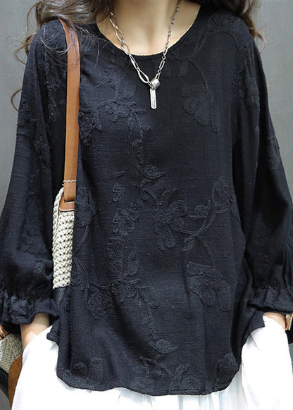 Red O Neck Embroidered Linen Shirt Tops Lantern Sleeve