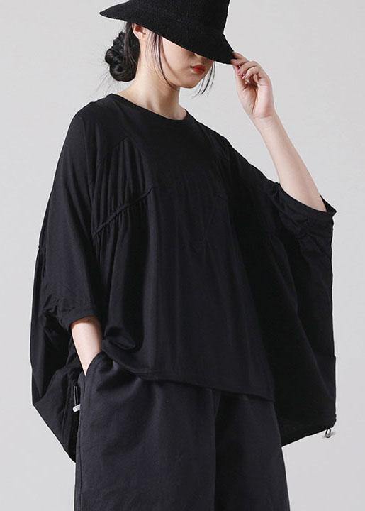 Natural Black Batwing Sleeve Cotton Summer Short Sleeve Tops