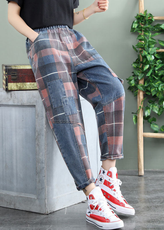 Blue Plaid Patchwork Denim Pants Spring